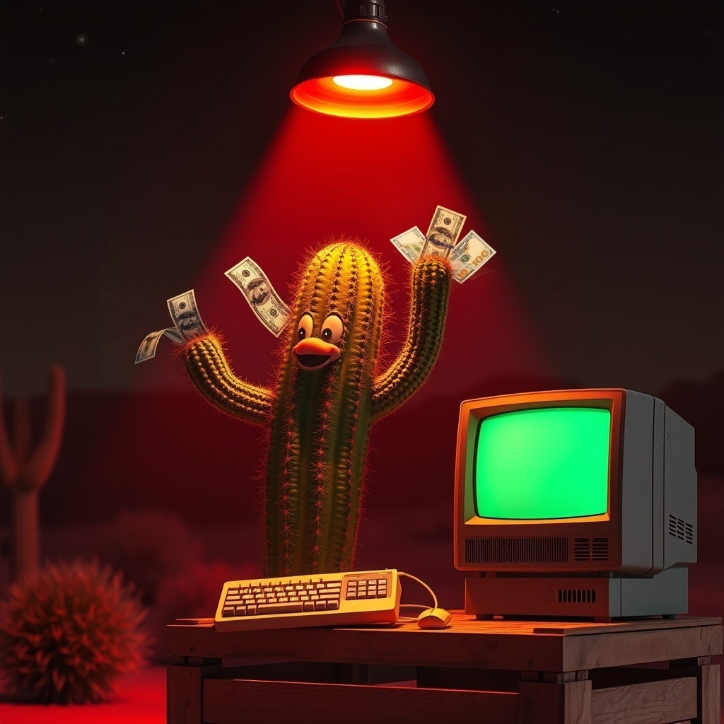 A cactus under a red heat lamp growing hundred dollar bills, working an old computer